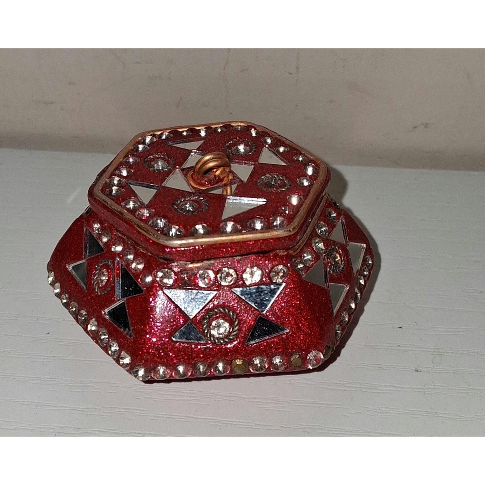 Vintage Red Rhinestone & Mirror Trinket Box – Made in India Jewelry Box